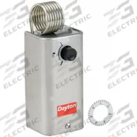 DAYTON Line Volt Mechanical Tstat: Cool Only, Stainless Steel, 30° to 110°F, 3.5°F, 120 to 270V AC (MPN 2NNT2). Key specifications — attr400419: 120 to 270V AC; attr400424: SPST, Close on Rise; attr400415: 30° to 110°F; attr400417: 3.5°F; attr400418: Hydraulic Air Coil; attr400408: Cool Only; attr408361: DAYTON; attr400410: Stainless Steel.
