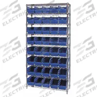 QUANTUM STORAGE SYSTEMS Bin Shelving: 36 in x 18 in x 74 in, 1 Sided, 40 Bins, Open, Shelf Bin, Blue (MPN WR9-204BL). Key specifications — Includes Bins: Yes; Bin Material: Polypropylene; Frame Color: Silver; Bin HxWxD: (40) 6 in x 6-5/8 in x 17-7/8 in; Frame Material: Steel; Bin Color: Blue; Bin Style: Shelf; Brand: QUANTUM STORAGE SYSTEMS.