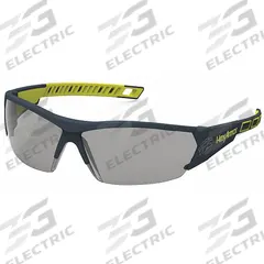 HEXARMOR Safety Glasses: Gray Lens, Half-Frame, Anti-Fog/Hard Coat/TruShield®, Dielectric/Vented (MPN 11-14003-02). Key specifications — Brand: HEXARMOR; Frame Color: Charcoal/High-Visibility Yellow; Lens Color: Gray; Lens Properties: Anti-Fog / Scratch-Resistant.
