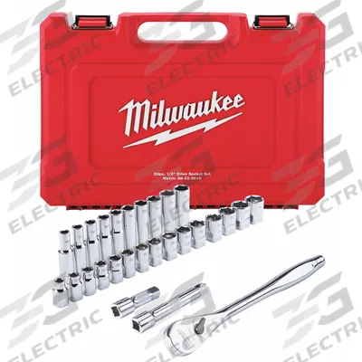 MILWAUKEE Socket Wrench Set: 1/2 in Drive, 28 Piece, 6-Point, Metric - Metric Socket Sets with Drive Tools