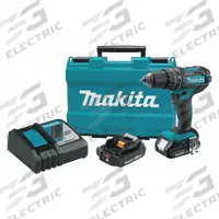 MAKITA Hammer Drill Kit: 18V DC, Compact, 1/2 in Chuck, 1/2 in Concrete Capacity, 2 Speeds, 40 ft-lb (MPN XPH10R). Key specifications — attr1256163: 2; attr1256171: (2) 2.0 Ah; attr1256172: No; attr1256187: 21 + Hammer.