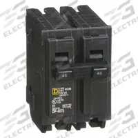 SQUARE D Miniature Circuit Breaker: 45 A, 120/240V AC, Single Phase, 10kA at 120/240V AC, 2 Poles (MPN HOM245). Key specifications — Phase: Single; Amps: 45 A; AC Voltage Rating: 120/240V AC; Max. AIR Rating: 10kA at 120/240V AC; For Use With: Homeline Load Center; Brand: SQUARE D.