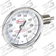 DWYER Dial Thermometer: 50°F to 500°F, ±2%Full Scale Accuracy, 6 in Stem Lg, 3 in Dial Dia (MPN BTLR36071). Key specifications — Accuracy: ±2 % Full Scale; Brand: DWYER.