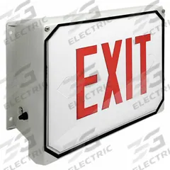 NEMA 4X Exit Sign: With Battery Backup, Red, 1 Faces, Fiberglass, Wall, 11 1/2 in Overall Ht, LED (MPN E4XL1RW). Key specifications — attr58590: BIG BEAM; attr58610: Gray; attr58636: Red; attr58612: Fiberglass; attr58618: LED; attr58640: 120/277 V AC.