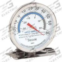 TAYLOR Mechanical Food Service Thermometer: HACCP Food Safety, Analog, 1 in Overall Lg, 2 3/4 in Dia (MPN 5981N). Key specifications — Accuracy: ±2 °F; Brand: TAYLOR; Case Material: Stainless Steel; Display Type: Analog; Features: HACCP (Hazard Analysis and Critical Control Points) Color-Coded for Food Service Applications; Lens Material: Glass; NSF Certified: Yes; Thermometer Type: Refrigerator/Freezer Thermometer.