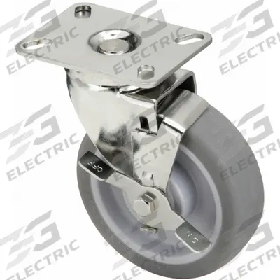 APPROVED VENDOR Plate Caster: Swivel, Side Brake, Rubber, 5 in Wheel Dia. - Debris-Resistant NSF-Listed Sanitary Plate Casters