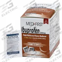 MEDI-FIRST Pain Relief: Ibuprofen, 200 mg, 50 Individual Doses, Tablet (MPN 80833). Key specifications — Purpose: Pain Relief; Strength: Regular Strength; Manufacturer Part Number: 80833; Brand: MEDI-FIRST; Flavor: Unflavored; Dose Package Type: Packets; Exterior Package Type: Box; Format: Tablet.