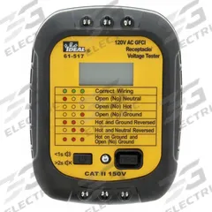 IDEAL Receptable Tester: 120 V AC to 120 V AC, 5-20P, GFCI, CAT II 150V, Audible/Light, Digital (MPN 61-517). Key specifications — Load Current: 6 to 9 mA; Brand: IDEAL; CAT Safety Rating: CAT II 150V; NEMA Plug Configuration: 5-20P.