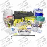 READY AMERICA Survival Kit: 143 Components, Duffel Bag, 10 People Served (MPN 13078). Key specifications — Rations Included: (10) 2400 Calorie Food Bar; First Aid Supplies Included: (12) 110 Piece First Aid Kits; Housing Material: Fabric; Container Type: Duffel Bag; Hygiene Supplies Included: (2) Folding Port-A-Potty; PPE and Shelter Supplies Included: (2) 36 in x 15 in Distress Banner with Poly Bag; Power and Lighting Supplies Included: 12 hr Lightstick - Green; Tools Included: 3 in x 300 ft Yellow Caution Tape.