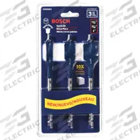 BOSCH Spade Drill Bit Set: 6 in Overall Lg, Bright (Uncoated), 1/4 in Shank Hex Size, 3 Drill Bits (MPN DSB5003). Key specifications — attr277223: BOSCH; attr255674: Bright (Uncoated); attr255683: Carbon Steel.