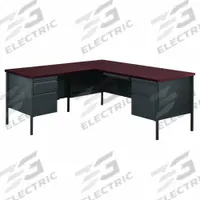 HIRSH L-Shaped Office Desk: Particle Board, Charcoal/Mahogany, 2 Pedestals, 5 Drawers, Steel Frame (MPN 20454). Key specifications — Desktop Material: Particle Board; Includes Modesty Panel: Yes; Kit Product Type: L-Shaped Office Desk; Desktop Color: Mahogany; Brand: HIRSH; Frame Color: Charcoal; Frame Material: Steel; Product Type: L-Shaped Office Desk.