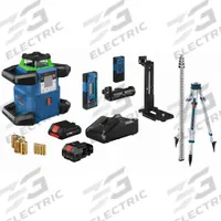 BOSCH Rotary Laser Level: 4,000 ft Range w/Receiver, Green Beam, Horizontal/Vertical, 0 Dots (MPN GRL4000-90CHVGK). Key specifications — attr935954: Green; attr935948: ±1/16 in @ 100 ft; attr935970: 13 ft Grade Rod (GR13); attr935961: Vertical; attr935962: Electronic Self-Leveling; attr935949: 20V Max; attr935951: Vertical Plumb and Vertical Orientation; attr935952: Batteries Included.
