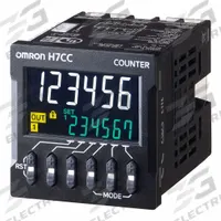 OMRON Electronic Counter: Digital Counters, Front Panel Mounting, 2 in x 2 in, cUL/cUR, LCD, Screw (MPN H7CC-A). Key specifications — Features: Replacement Time Notification Function Notifies the user of Potential Preventive Maintenance; Mounting Style: Flush; Output Rating: 3A; Standards: cUR; Brand: OMRON; Manufacturer Part Number: H7CC-A.