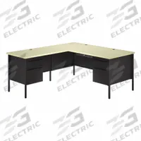 HIRSH L-Shaped Pedestal Desk: Melamine Laminate/Particleboard, Maple, 2 Pedestals, 2 Drawers (MPN 24976). Key specifications — Desktop Material: Particleboard; Includes Modesty Panel: Yes; Pedestal Location: Double Pedestal; Kit Product Type: L-Shaped Pedestal Desk; Desktop Color: Maple; Brand: HIRSH; Frame Color: Black; Frame Material: Steel.