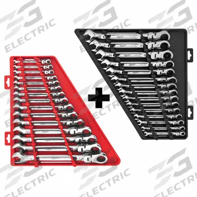 MILWAUKEE Combination Wrench Set: Alloy Steel, Chrome, 30 Tools, Flex - SAE & Metric 12-Point Ratcheting Combination Wrench Sets
