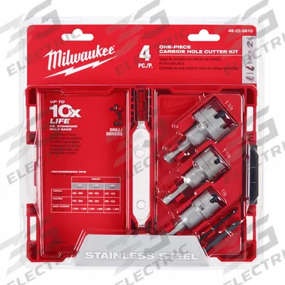 MILWAUKEE Hole Cutter Kit: 4 Pieces, 3/16 in Max. Cutting Dp, Carbide Tipped - Metal-Cutting Hole Cutter Kits