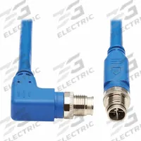 EATON TRIPP LITE Ethernet Cable: 3.3 ft Lg, X Coding, M12 Male Right Angle x M12 Male Straight, PVC (MPN NM12-6A3-01M-BL). Key specifications — Brand: EATON TRIPP LITE; Cable Jacket Color: Blue; End 1 Coding: X; End 2 Coding: X; IP Rating: IP68; Performance Category: Cat6a; Power over Ethernet (PoE): PoE++.