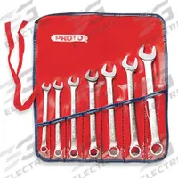 PROTO Combination Wrench Set: Alloy Steel, Satin, 7 Tools, 3/8 in to 3/4 in Range of Head Sizes, SAE (MPN J1200HASD). Key specifications — attr309520: Satin; attr309519: Alloy Steel; attr324929: PROTO; attr309512: Tool Roll; attr309522: No; attr309533: Yes.
