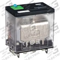 SCHNEIDER General Purpose Relay: Socket Mounted, 15 A Current Rating, 24V DC, 4PDT, F Socket (MPN RPM41BD). Key specifications — Brand: SCHNEIDER; Base Type: Square; Mounting Style: Plug-In; Pin Shape: Flat; Electrical Connection: Quick-Connect; Manufacturer Part Number: RPM41BD; Series: Harmony™ RPM Series.