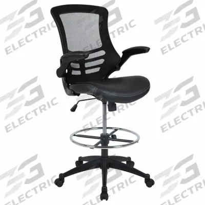 FLASH FURNITURE Drafting Chair: Kelista, Black, Faux Leather & Mesh Material - Fixed-Arm Drafting Chairs