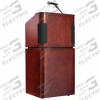OKLAHOMA SOUND Sound Lectern: Mahogany, Amplifier/Handheld Microphone, Includes Battery, Mobile (MPN M950/901-MY/WT). Key specifications — Color: Mahogany; Brand: OKLAHOMA SOUND; Includes Battery: Yes; Material: Laminated Particle Board; Sound System Included: Amplifier; Includes Document Rail: Yes.