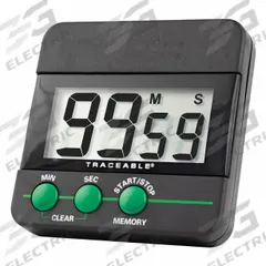 TRACEABLE Digital Timer: Memory Recall, 1/2 in x 2 1/2 in x 2 1/2 in, 1/2 in Overall Dp, LCD (MPN 5028). Key specifications — Clock Function Included: No; Count Direction: Count Down; Features: Memory Recall; Digital Display Screen Type: LCD; Alarm Type: Audible; Brand: TRACEABLE; Maximum Time Setting: 99 minutes, 59 seconds.