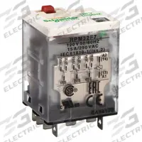 SCHNEIDER General Purpose Relay: Socket Mounted, 15 A Current Rating, 120V AC, 3PDT, E Socket (MPN RPM32F7). Key specifications — Brand: SCHNEIDER; Base Type: Square; Mounting Style: Plug-In; Pin Shape: Flat; Electrical Connection: Quick-Connect; Manufacturer Part Number: RPM32F7; Series: Harmony™ RPM Series.