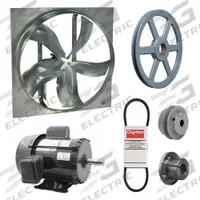 Exhaust Fan with Drive Package: Belt Drive, 54 in Blade, 2 hp, 32,589 cfm, 115/230V AC, 1 ph (MPN 7M853). Key specifications — Frame Finish: Zinc Plated; Assembled: Unassembled; Brand: DAYTON; Nameplate Voltage: 115/230V AC; Frame Material: Steel; Guard Type: None; Motor Insulation: Class F; Motor Enclosure: Totally Enclosed Fan Cooled.