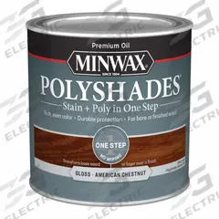 MINWAX Wood Stain: Wood Stain and Sealer, Interior, Oil, 0.5 pt Container Size, Wood, Gloss, 1 Step (MPN 214754444). Key specifications — Brand: MINWAX; Transparency: Semi-Transparent; Use Location: Interior; Sheen: Gloss; Sub-Brand: PolyShades; Color: American Chestnut.