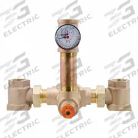 POWERS Thermostatic Mixing Valve: For Hot Water/Water Media, Thermostatic, Bronze, NPT x NPT, NPT (MPN ETV500-17). Key specifications — Includes: Temperature Gauge; Brand: POWERS.