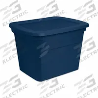 STERILITE Storage Tote: 18 gal, 23 1/2 in x 18 3/8 in x 16 1/8 in, Blue Body, Blue Lid, 10 to 20 gal (MPN 17317408). Key specifications — Material: Plastic; Body Color: Blue; Lid Color: Blue; Brand: STERILITE.