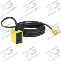 KH INDUSTRIES Pendant Drop Outlet Box: 25 ft Lg, 12/3, 5-20P Plug, 4 Outlets, 20 A Current, 125V AC (MPN PP4DD-520-B12F-520). Key specifications — Brand: KH INDUSTRIES; Power Indicator: No; Temperature Rating: -40° to 194°F; NEMA Plug Configuration: 5-20P.