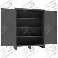 DURHAM MFG Pegboard Cabinet: 60 in x 30 in x 78 in, Swing Handle & Padlock Hasp, 12 ga Panel Thick (MPN HDCP306078-3S95). Key specifications — Cabinet Color: Gray; Method of Construction: Welded; Base Type: Legs; Assembled: Assembled; Mobility: Stationary; Adjustable Shelves: Adjustable; Cabinet Finish: Powder Coated; Cabinet Material: Steel.