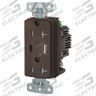 HUBBELL Receptacle: Duplex, 5-20R, 2 USB Ports, USB Type A/C, Brown, 125V AC - Weather-Resistant Receptacles with USB Chargers