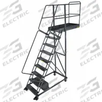 BALLYMORE Rolling Cantilever Ladder: 7.5 ft Platform Ht, Unassembled, Locking Casters, Steel (MPN CL-9-28-P). Key specifications — attr1051489: Gray; attr1051483: BALLYMORE; attr1051499: Double Handrails; attr1051504: Steel.
