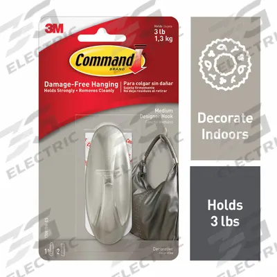 COMMAND Hook: 3 lb Wt Capacity, 1 Points per Hook, Gray, 3 5/32 in Overall Ht - Indoor Decorative & Utility Adhesive-Backed Hooks