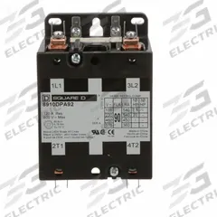 SQUARE D Definite Purpose Magnetic Contactor: 2 Poles, 120V AC, 90 A, Non-Reversing (MPN 8910DPA92V02). Key specifications — Brand: SQUARE D; Coil Voltage: 110/120V AC; Contactor Style: HVACR Definite Purpose Contactor; Terminal Connection Type: Box Lugs; Maximum Voltage Rating: 600V AC; Series: 8910 Series Type DPA; Phase: Single; Main Pole Contact Form: 2NO.