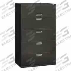 HON Lateral File Cabinet with Drawer: Charcoal, 5 Drawers, 64 1/4 in Overall Ht, 18 in Overall Dp (MPN H695.L.S). Key specifications — attr988670: Unfinished; attr988694: Steel; attr988716: Lateral File Cabinet with Drawer; attr988691: Integrated; attr988652: HON; attr988656: Charcoal; attr988720: Handle.