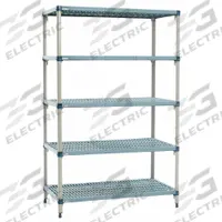 METRO Shelf Plastic Industrial Shelving (5): 24 in x 60 in, 74 in Overall Ht, 5 Shelves (MPN 5Q567G3). Key specifications — Resistance Properties: Antimicrobial; Shelf Adjustment Type: Quick-Adjust; Frame Material: Steel; Shelving Material: Polymer; Brand: METRO.