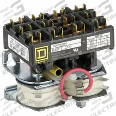 SQUARE D Hoist Contactor: 3 Poles, 120V AC, Reversing, Std Contactor Frame Size (MPN 8965RO10V02). Key specifications — Brand: SQUARE D; Coil Voltage: 120V AC; Contactor Style: Hoist Definite Purpose Contactor; Terminal Connection Type: Quick-Disconnect Terminals; Maximum Voltage Rating: 600V AC; Series: 8965 Series Type R; Phase: Three; Main Pole Contact Form: 3NO.