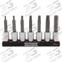 PROTO Socket Bit Set: 1 - 25 Pieces, 3/8 in Drive Size, 7 Pieces, 1/8 in to 3/8 in Tip Size Range (MPN J4990R7SAE). Key specifications — attr1216280: Fixed Insert; attr1216283: PROTO; attr1225718: 1/8 in to 3/8 in; attr1227491: 3/8 in.