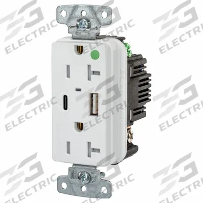 HUBBELL Receptacle: Duplex, 5-20R, 2 USB Ports, USB Type A/C, White, 125V AC - Hospital-Grade Receptacles with USB Chargers