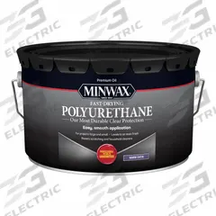 MINWAX Finish: Varnish, Interior, Oil, 2.5 gal Container Size, Wood, Satin, Clear, Clear (MPN 319120000). Key specifications — Brand: MINWAX; Transparency: Clear; Use Location: Interior; Sheen: Satin; Sub-Brand: Fast-Drying Polyurethane; Color: Clear; Resin Type: Polyurethane.