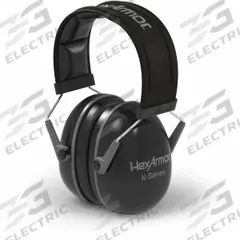 HEXARMOR Earmuffs: Over-the-Head Earmuff, Passive, 23 dB NRR, Foam, Black, 1 PR (MPN 19-10001). Key specifications — attr114053: Rigid; attr114052: No; attr114031: No; attr114015: EVA, Polyethylene, PVC, Foam, Leather; attr114029: Foam; attr114039: ABS; attr114048: K-Series(TM); attr114038: Black.