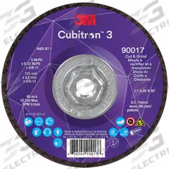 3M CUBITRON 3 Cut-Off and Grinding Wheel: Type 27, 5" x 5/32" x 5/8"-11, Ceramic, 36 Grit (MPN 90017). Key specifications — Brand: 3M CUBITRON 3.