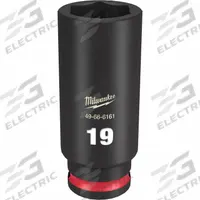 MILWAUKEE Deep Impact Socket: 3/8 in Drive Size, Metric, 19 mm Socket Size, 6-Point, Deep, Friction (MPN 49-66-6161). Key specifications — attr1215501: MILWAUKEE; attr1215515: Black Phosphate; attr1215518: 19 mm.