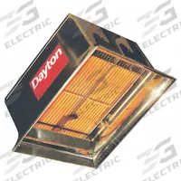 DAYTON Gas Infrared Flat Panel Heater: Natural Gas, 60,000 BtuH Heating Capacity Input (MPN 3E133). Key specifications — Brand: DAYTON; Fuel Type: Natural Gas; Clearance to Combustibles - Top x Below x Sides: 40 in x 72 in x 32 in; Floor Coverage @ Minimum Mounting Height: 16 ft x 16 ft; For Use Outdoors: Indoor Use Only; Min. Mounting Height: 12 to 14 ft; Overall Dimensions - H x W x D: 22-1/2 in x 19-1/8 in x 15-1/4 in.