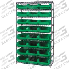 QUANTUM STORAGE SYSTEMS Bin Shelving: 42 in x 18 in x 74 in, 1 Sided, 18 Bins, Open, Gray, 7 Shelves (MPN WR7-532GN). Key specifications — Includes Bins: Yes; Bin Material: Polypropylene; Frame Color: Silver; Bin HxWxD: (18) 7-7/8 in x 12-3/8 in x 19-3/4 in; Frame Material: Steel; Bin Color: Gray; Bin Style: Hang and Stack; Brand: QUANTUM STORAGE SYSTEMS.