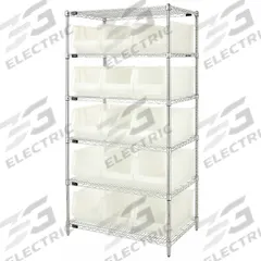 QUANTUM STORAGE SYSTEMS Bin Shelving: 36 in x 24 in x 74 in, 1 Sided, 15 Bins, Open, Clear (MPN WR6-953CL). Key specifications — Includes Bins: Yes; Bin Material: Polypropylene; Frame Color: Silver; Bin HxWxD: (15) 10 in x 11 in x 23-7/8 in; Frame Material: Steel; Bin Color: Clear; Bin Style: Hang and Stack; Brand: QUANTUM STORAGE SYSTEMS.