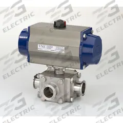 VNE Pneumatically Actuated Three-Way Ball Valve: 4 in, 316 Stainless Steel, Clamp x Clamp x Clamp (MPN 93CT4.0C/181-6S1-XX). Key specifications — attr1015427: < 0.6 micron; attr1015432: VNE; attr1015438: Meets 3A Sanitary Standards; attr1015443: Side; attr1043892: Not Included.